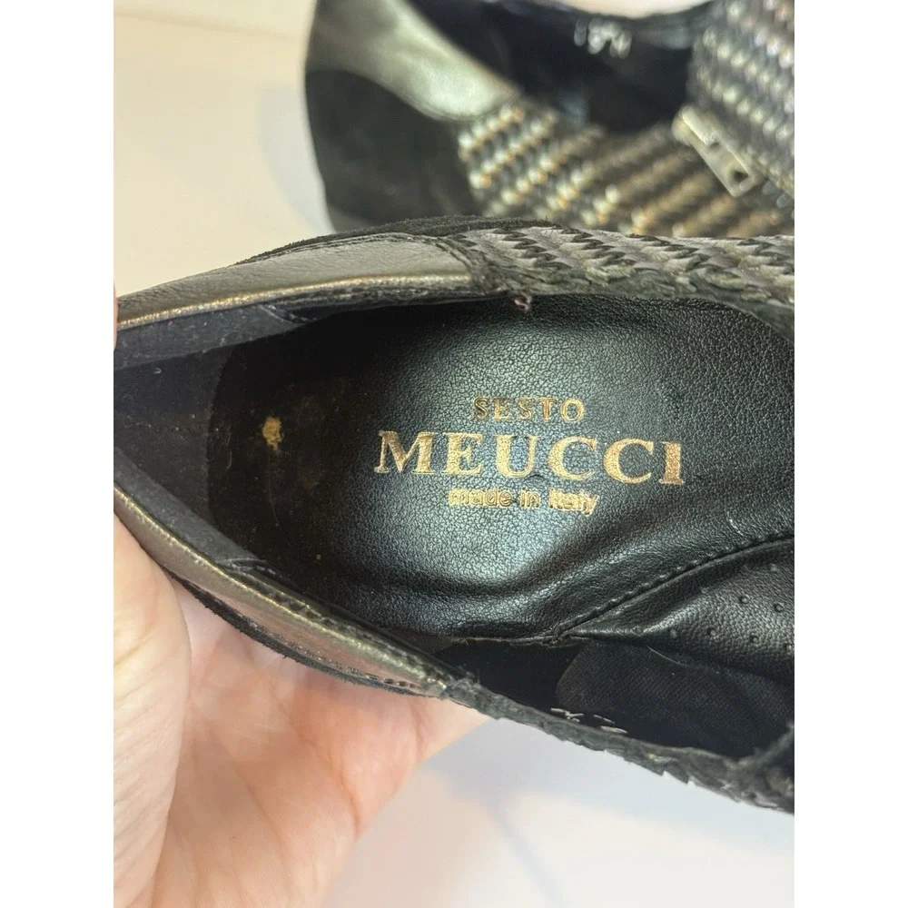 Sesto Meucci Women's 9M Woven Leather Suede Zip Shoes Black Metallic Italy